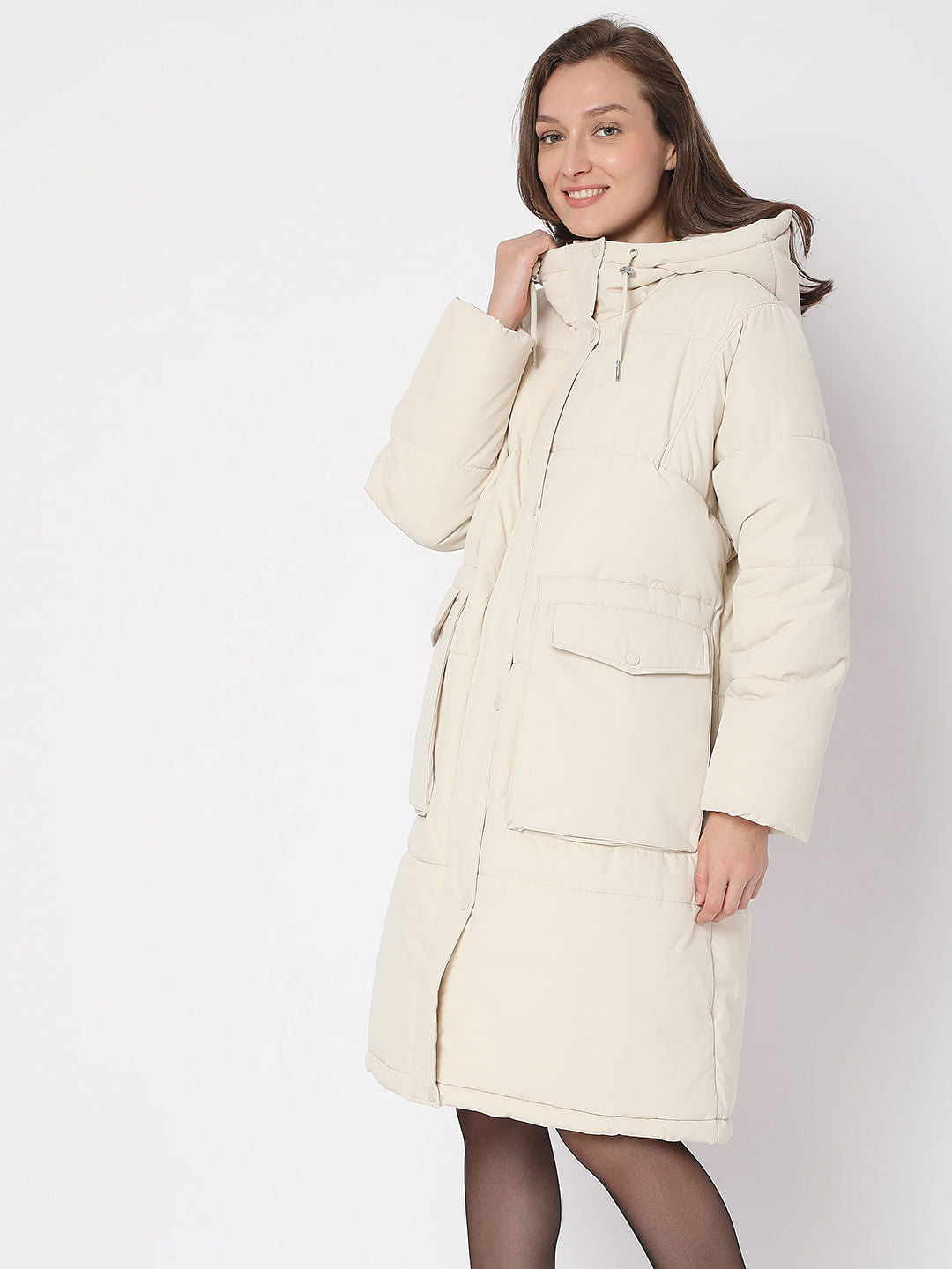 Beige Hooded Long Puffer Jacket