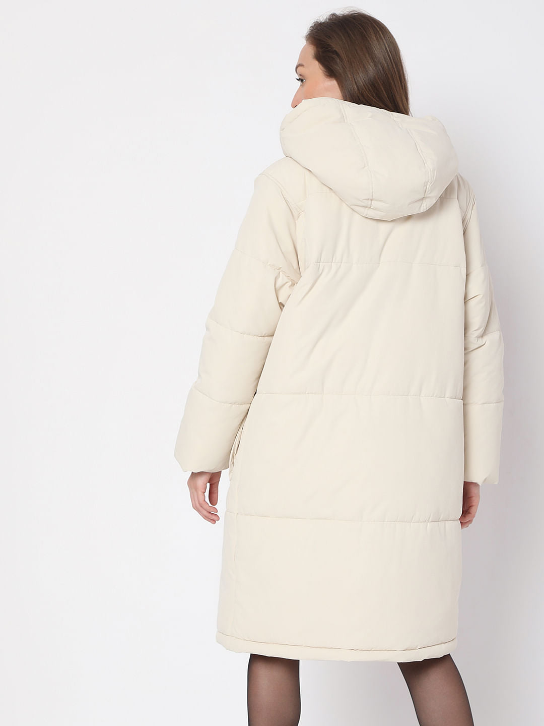 Beige Hooded Long Puffer Jacket