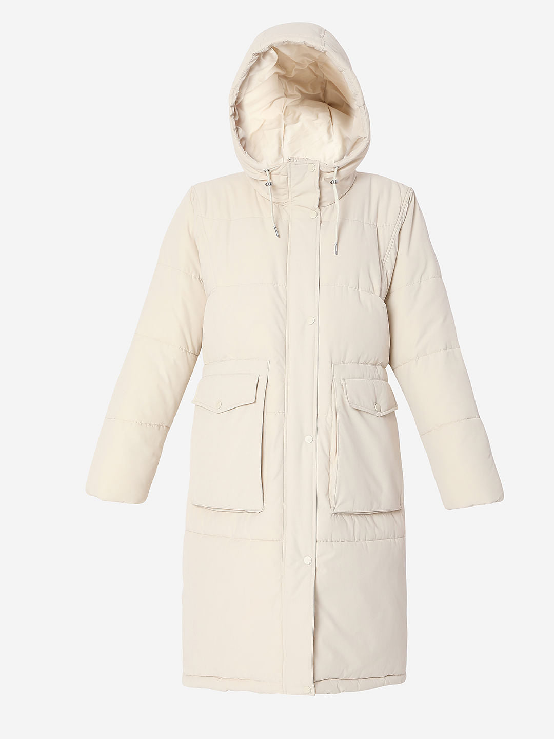 Beige Hooded Long Puffer Jacket