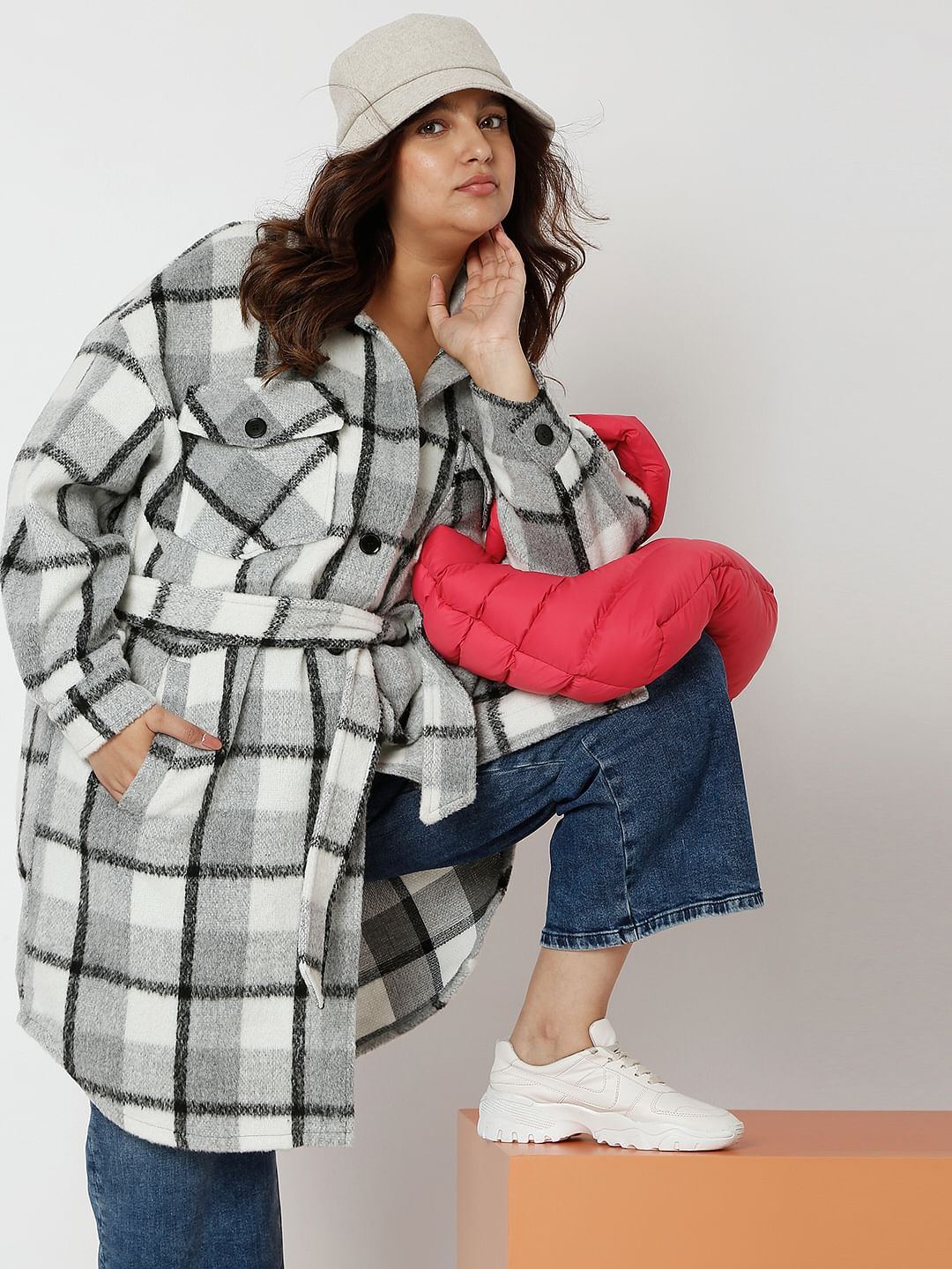 Curve Grey Check Long Overcoat