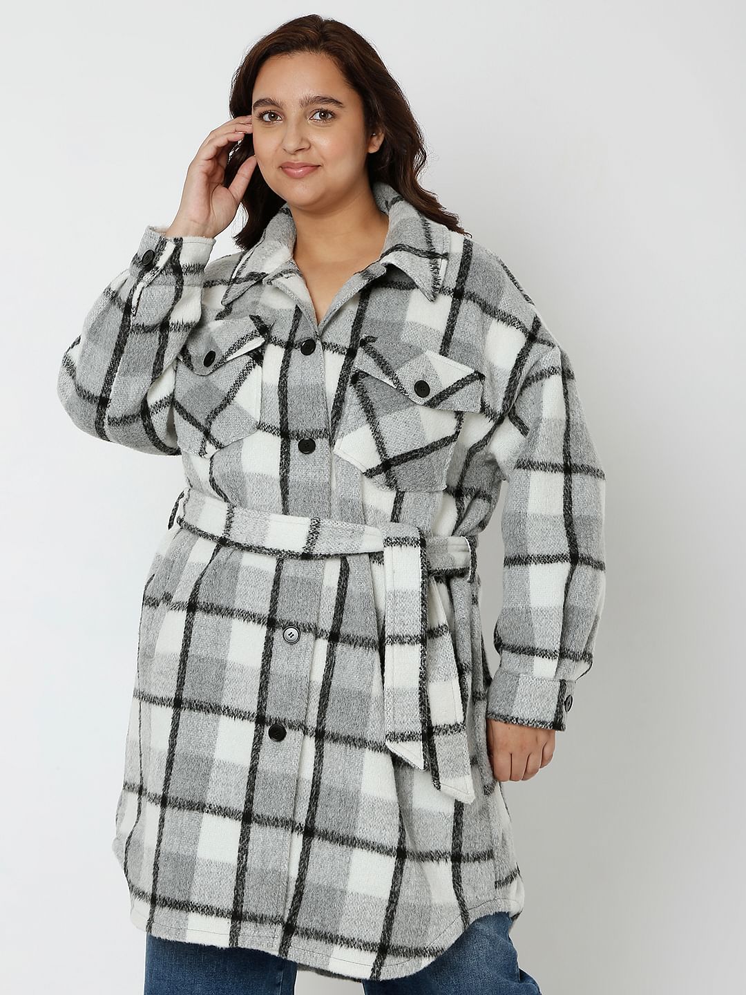 Curve Grey Check Long Overcoat