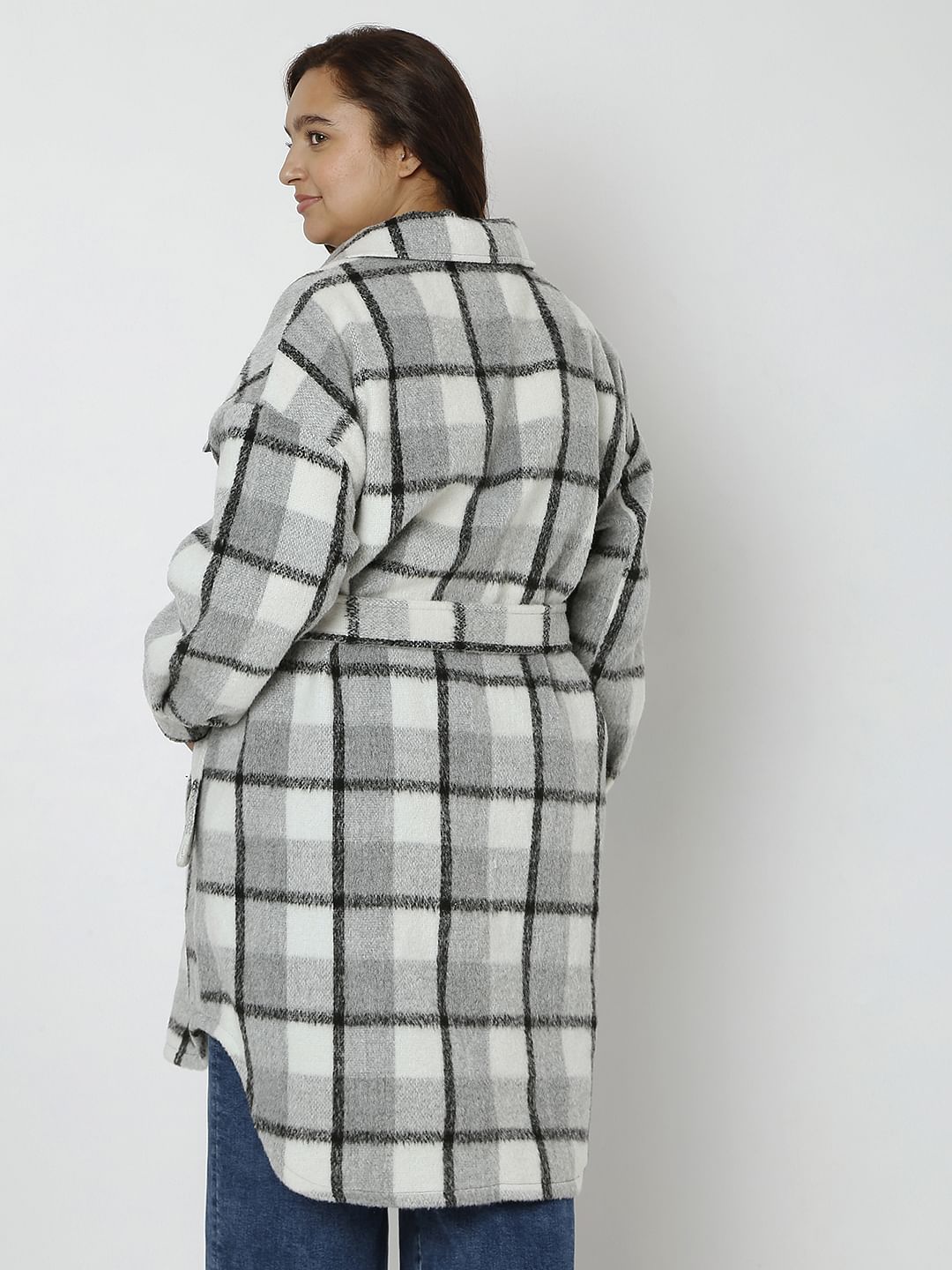 Curve Grey Check Long Overcoat