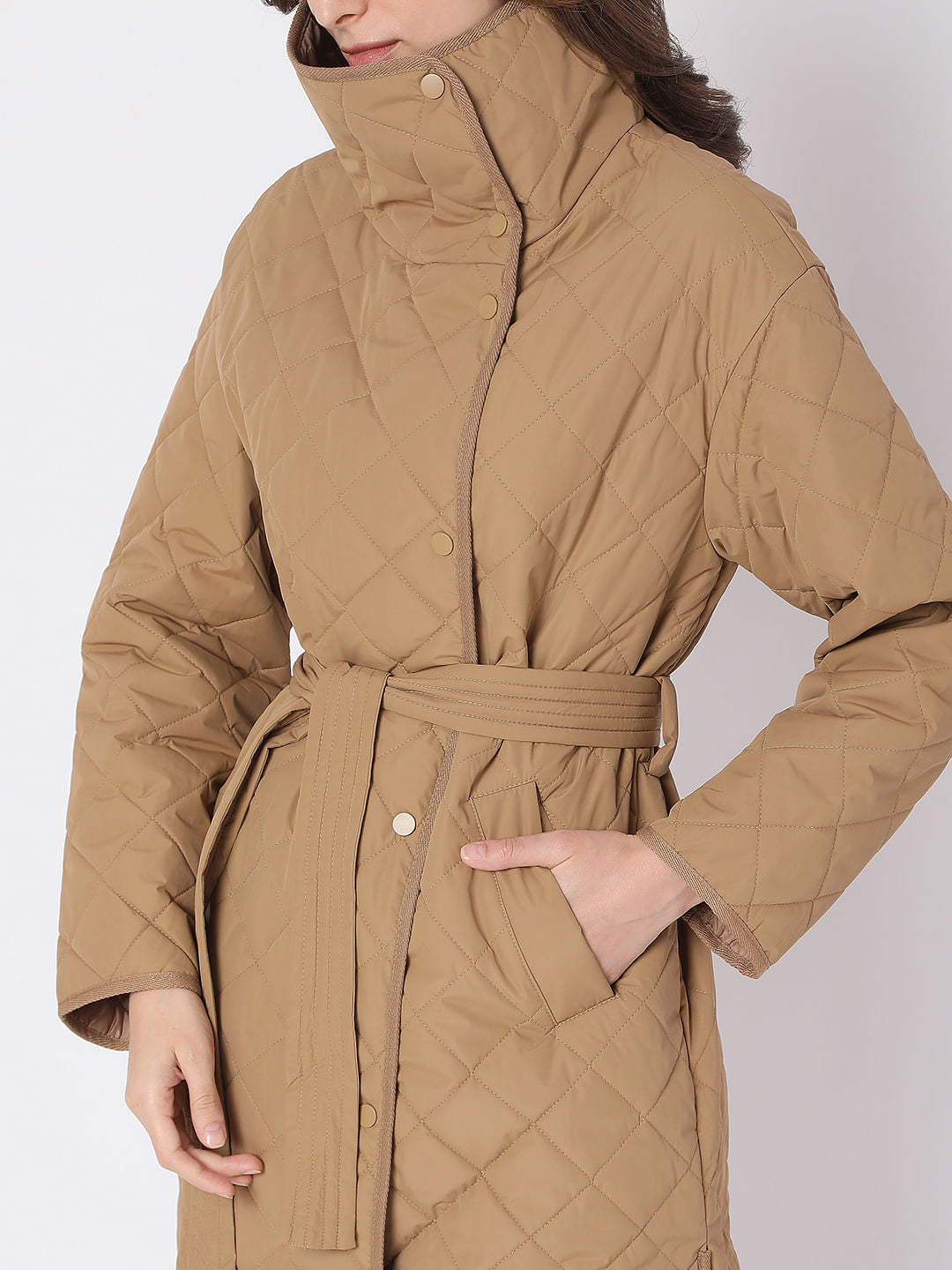 Brown High Neck Puffer Long Jacket