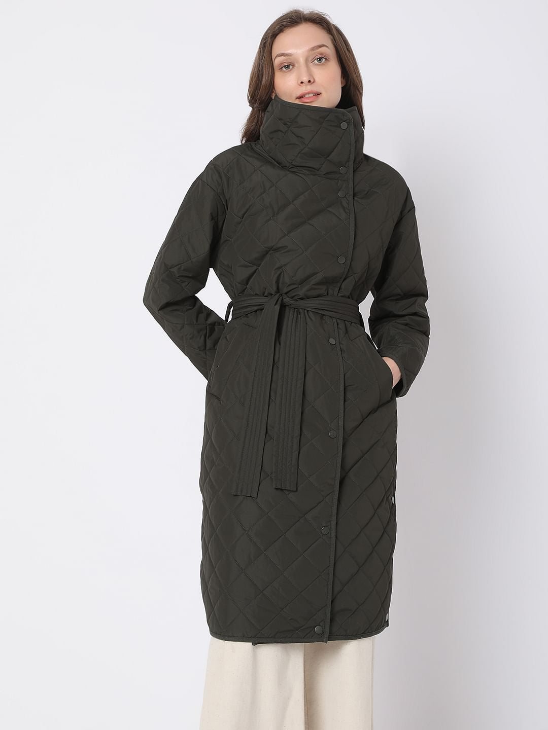 Dark Green High Neck Puffer Long Jacket