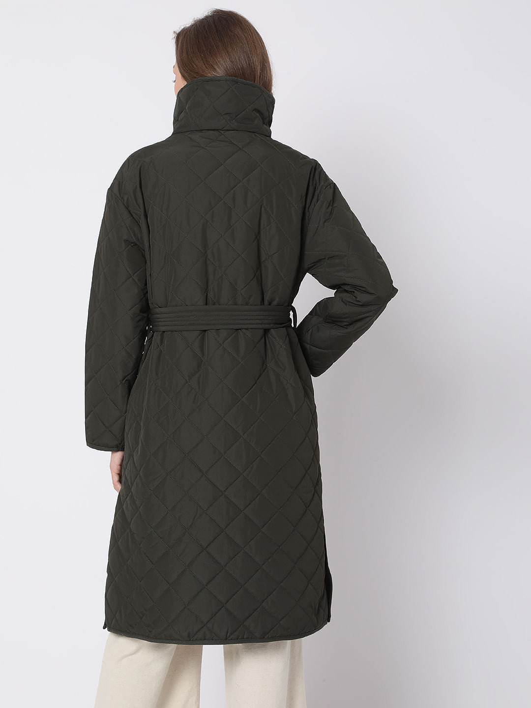 Dark Green High Neck Puffer Long Jacket