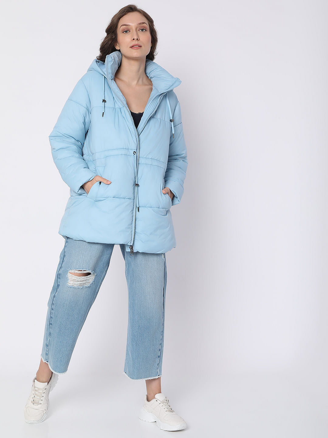 Blue High Neck Puffer Jacket