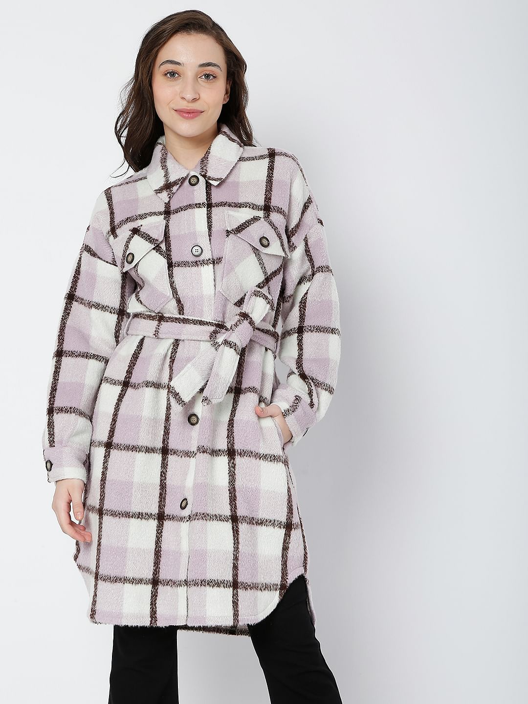 Purple Check Print Coat