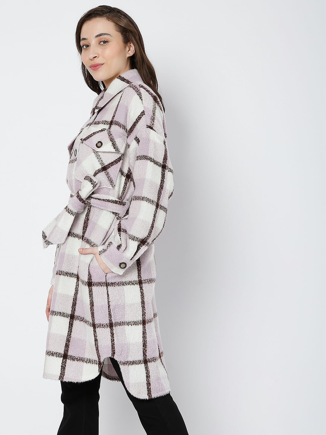 Purple Check Print Coat