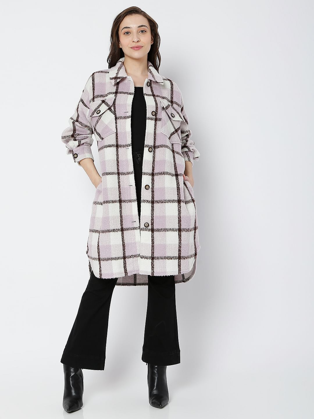 Purple Check Print Coat
