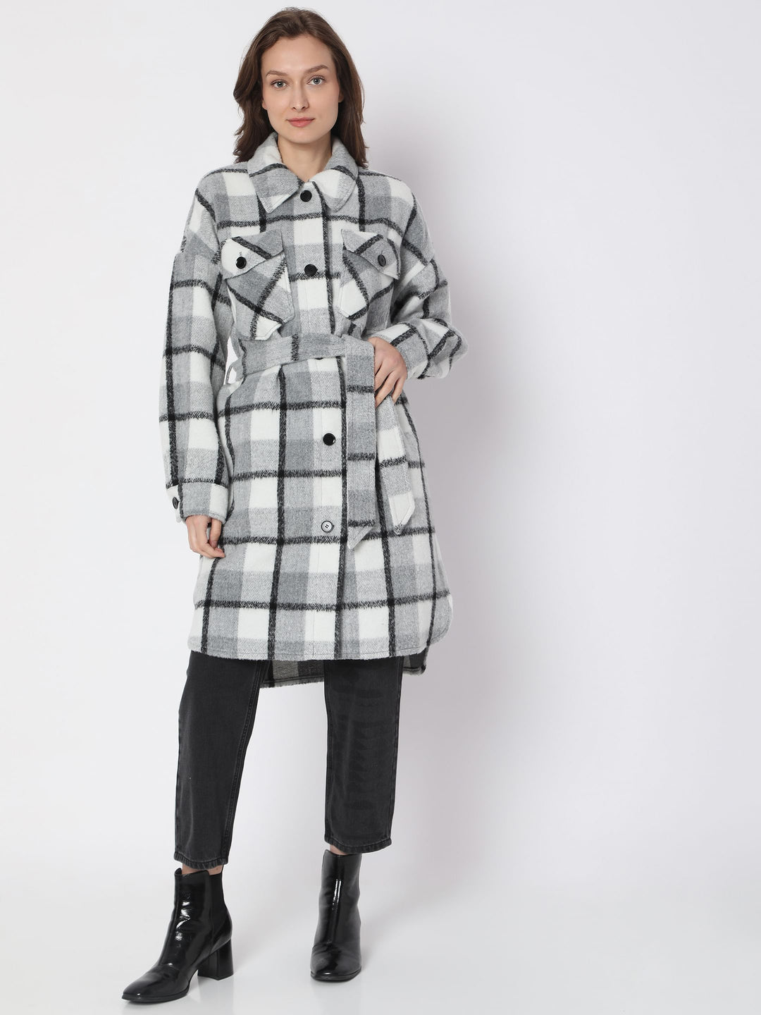 Grey Check Print Coat
