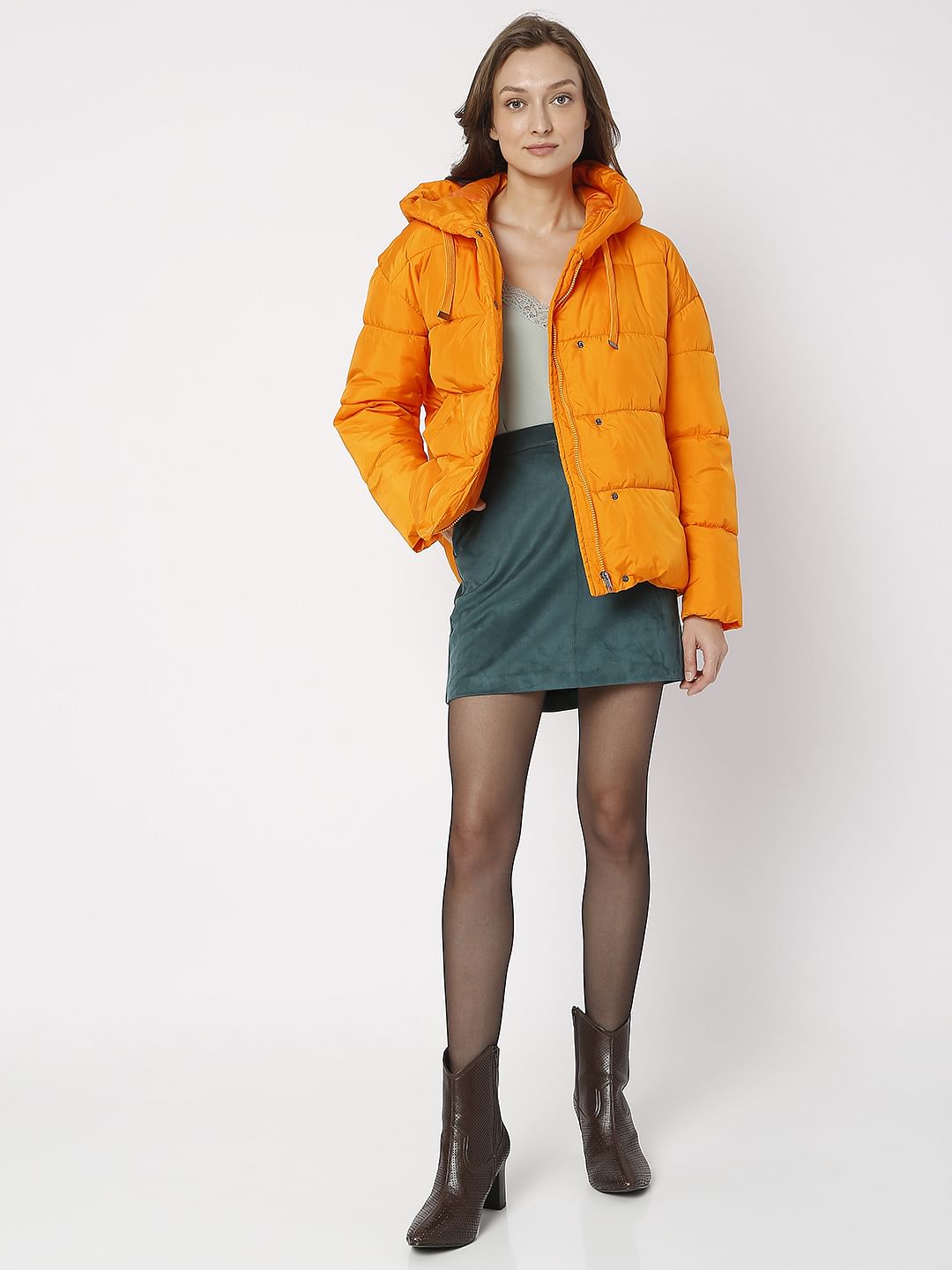 Orange Hooded Puffer Jacket