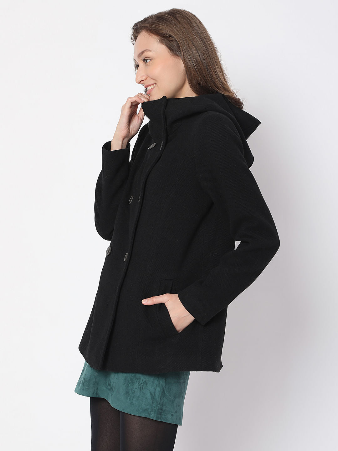 Black Buttoned Hood Jacket