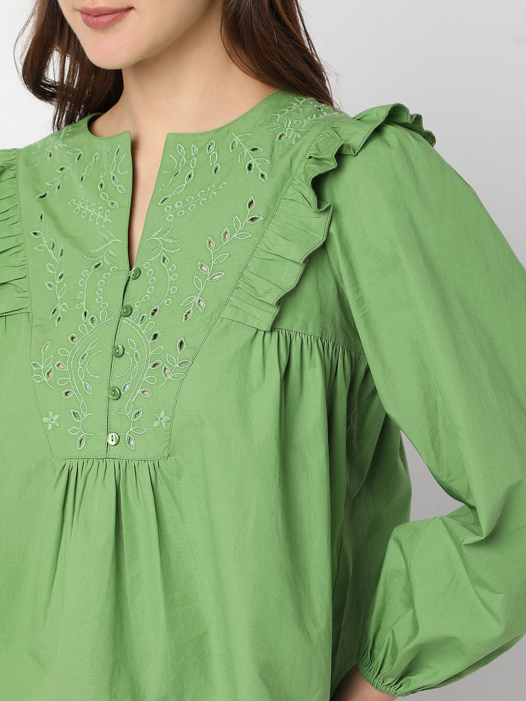 Green Embroidered Ruffle Detail Top