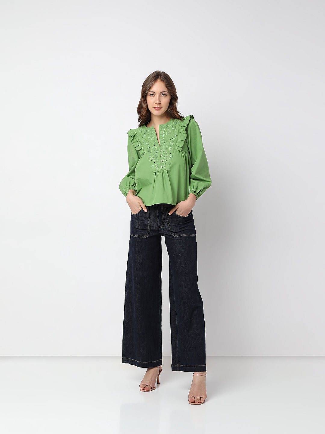 Green Embroidered Ruffle Detail Top