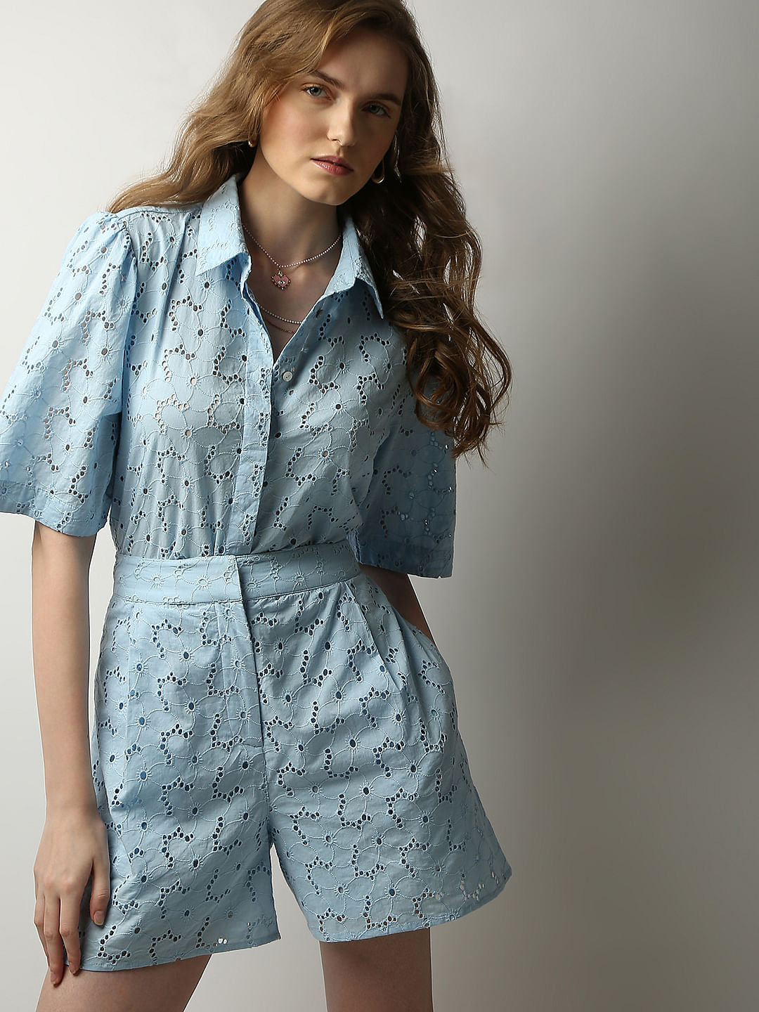 Light Blue Schiffli Co-Ord Set Shirt