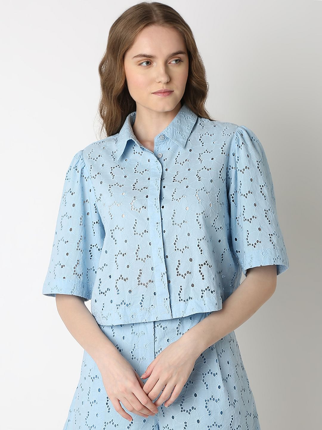 Light Blue Schiffli Co-Ord Set Shirt
