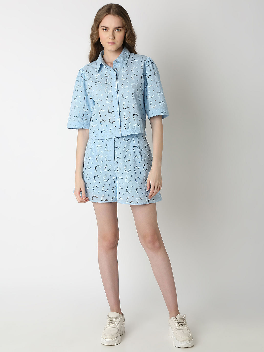 Light Blue Schiffli Co-Ord Set Shirt