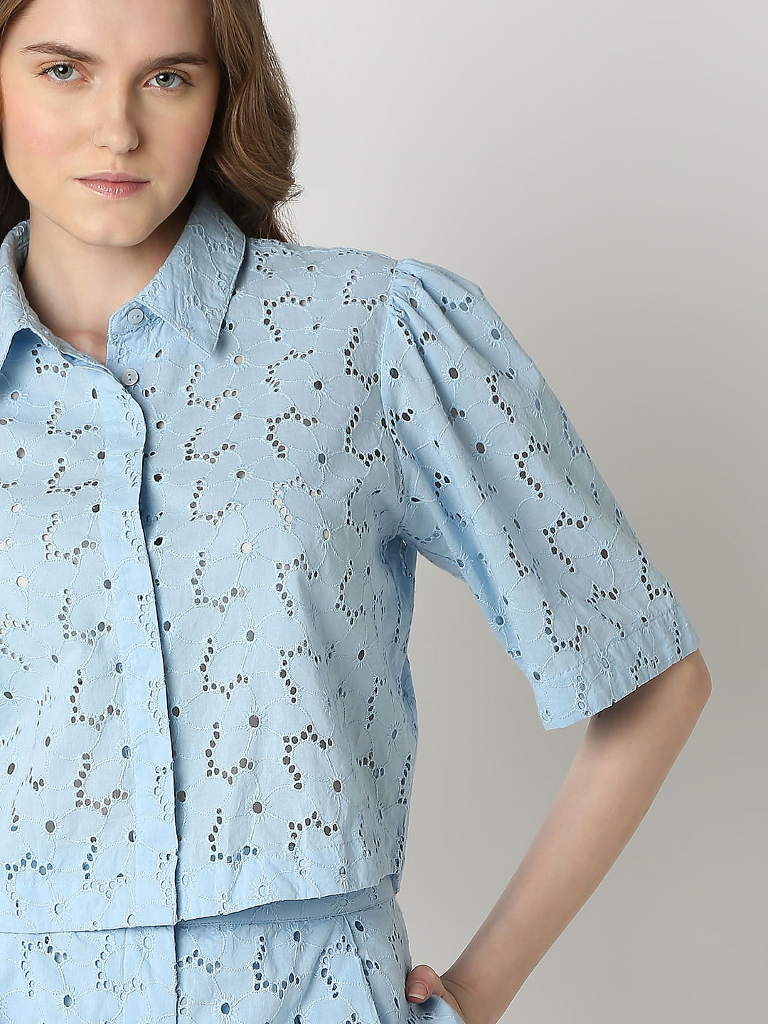 Light Blue Schiffli Co-Ord Set Shirt