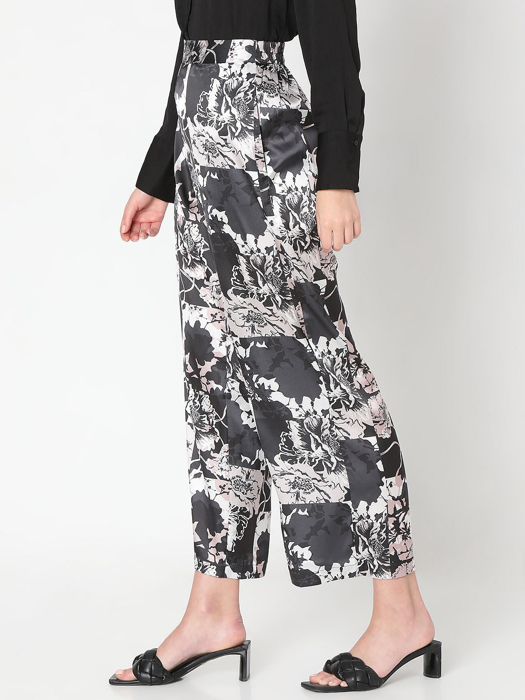 Black Floral Wide Leg Pants