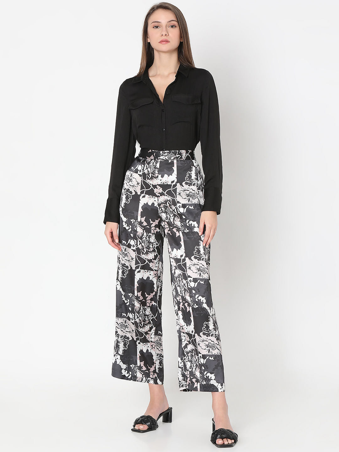 Black Floral Wide Leg Pants