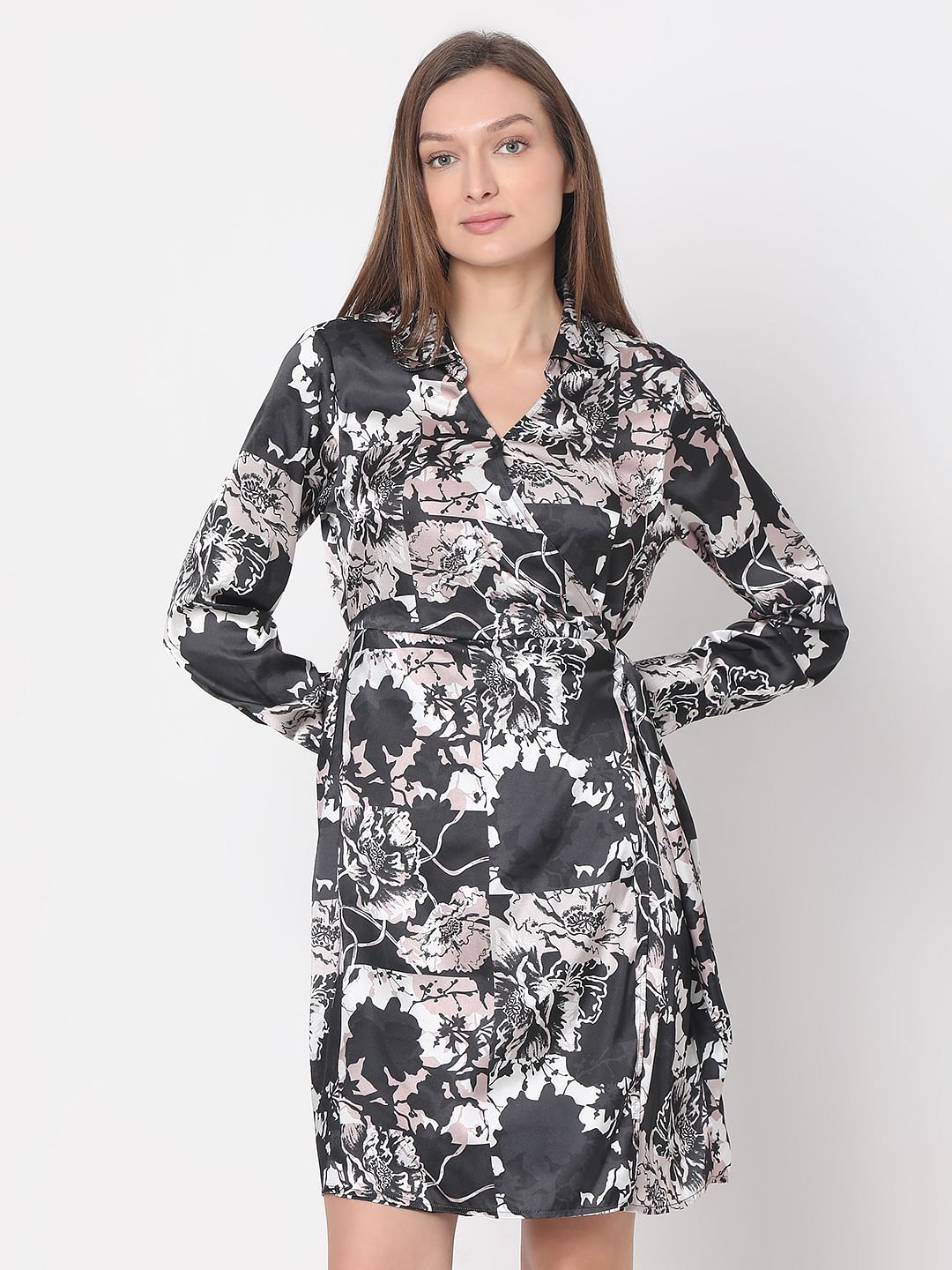 Black Floral Mock Wrap Dress