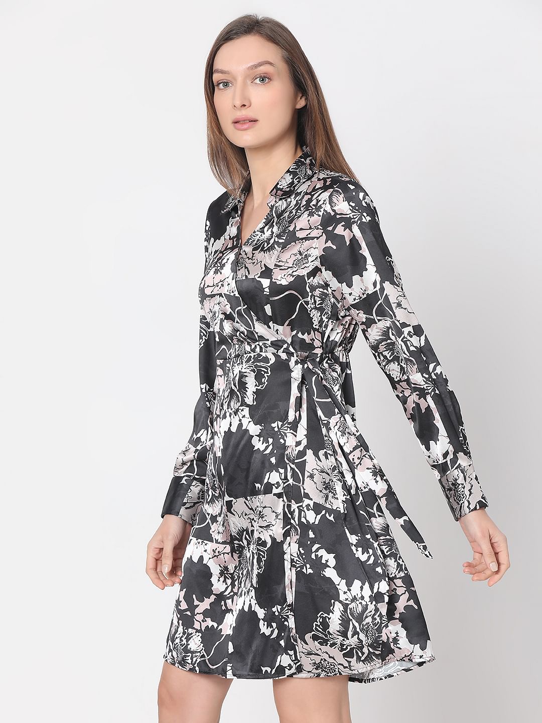 Black Floral Mock Wrap Dress