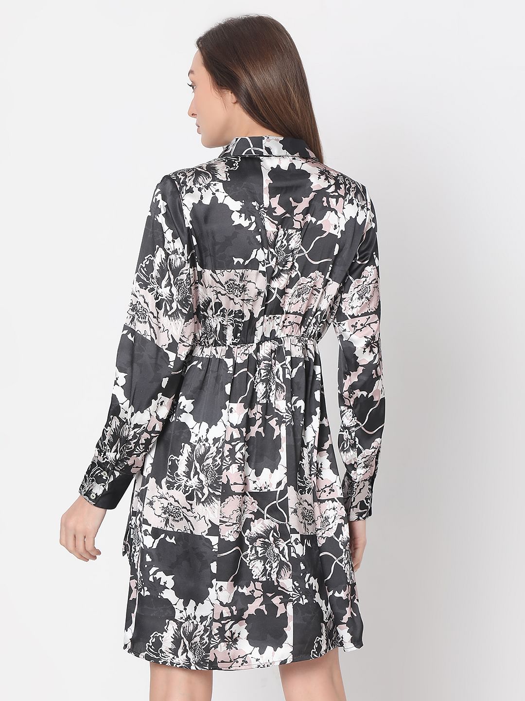 Black Floral Mock Wrap Dress