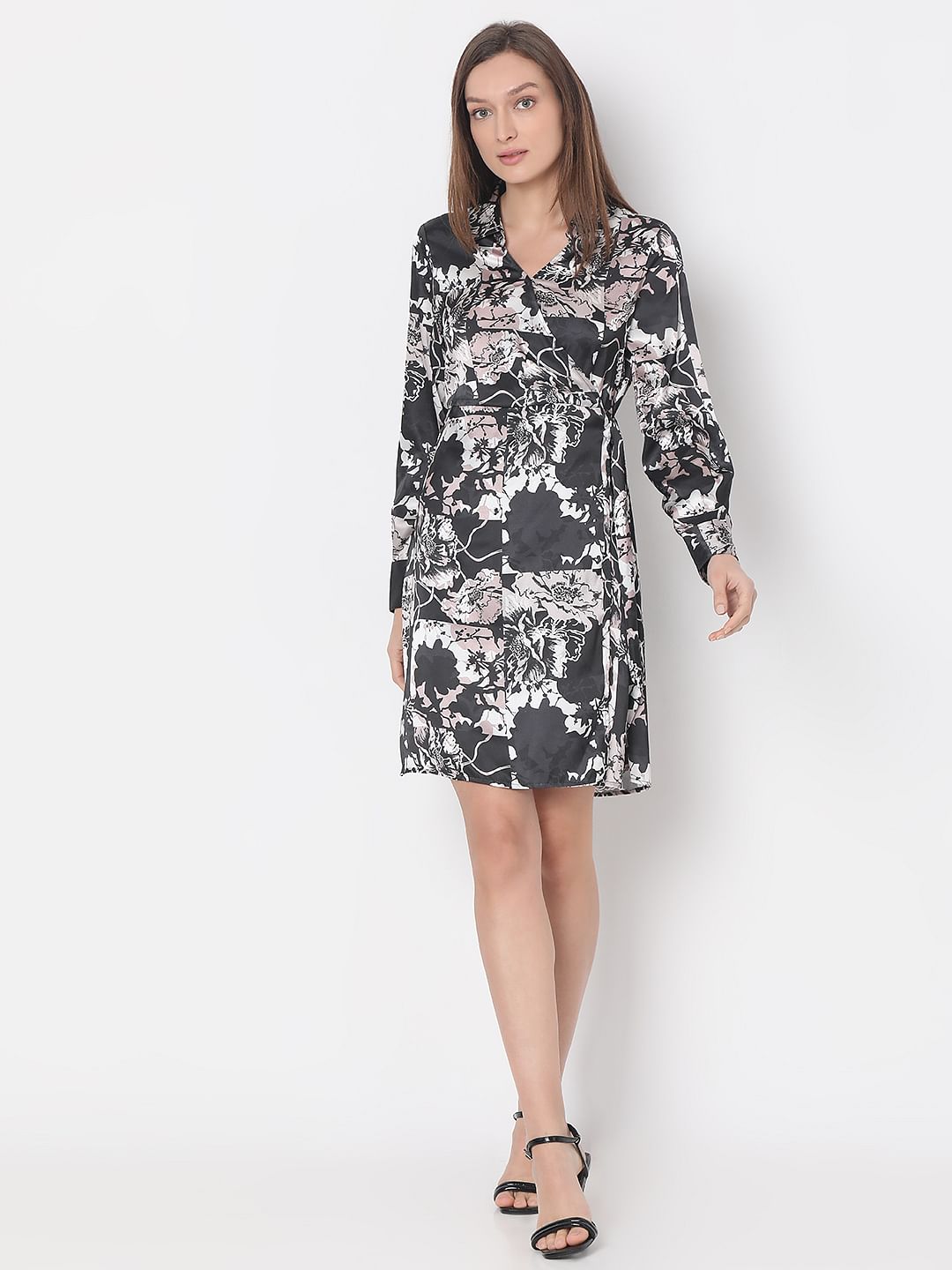 Black Floral Mock Wrap Dress