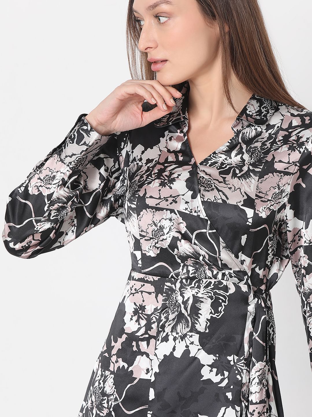 Black Floral Mock Wrap Dress