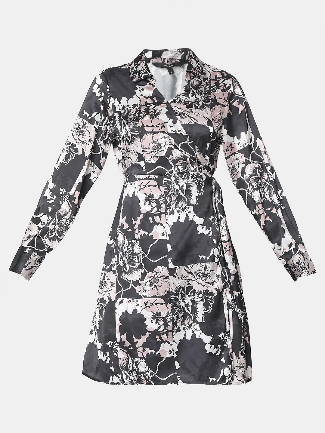 Black Floral Mock Wrap Dress