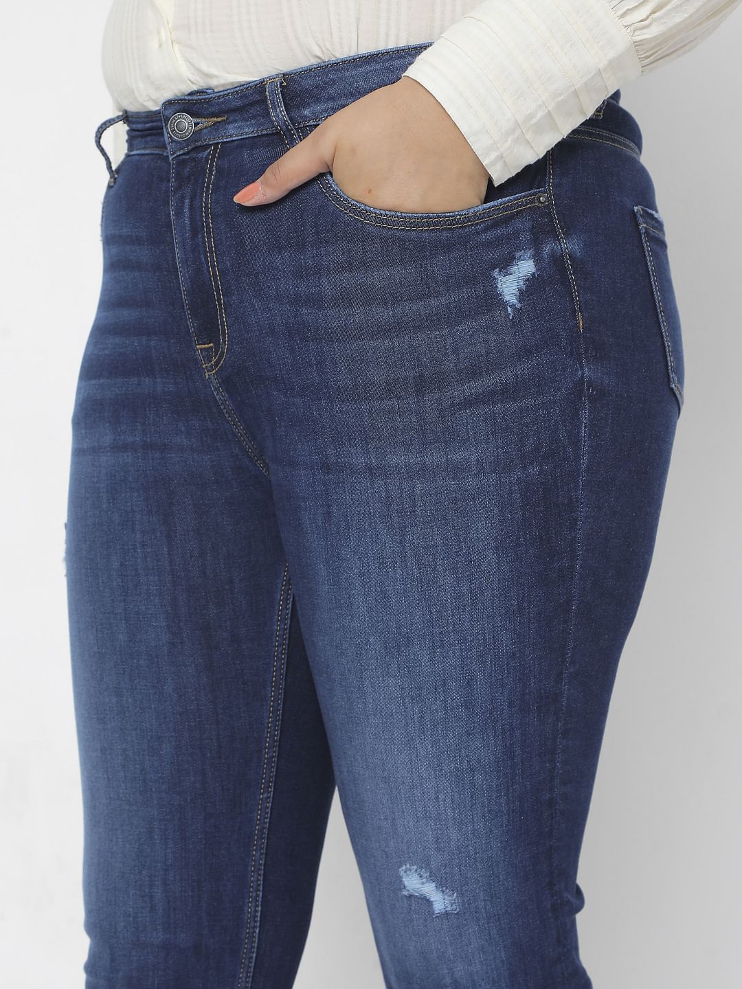 Blue Dark Blue High Rise Ripped Skinny Jeans