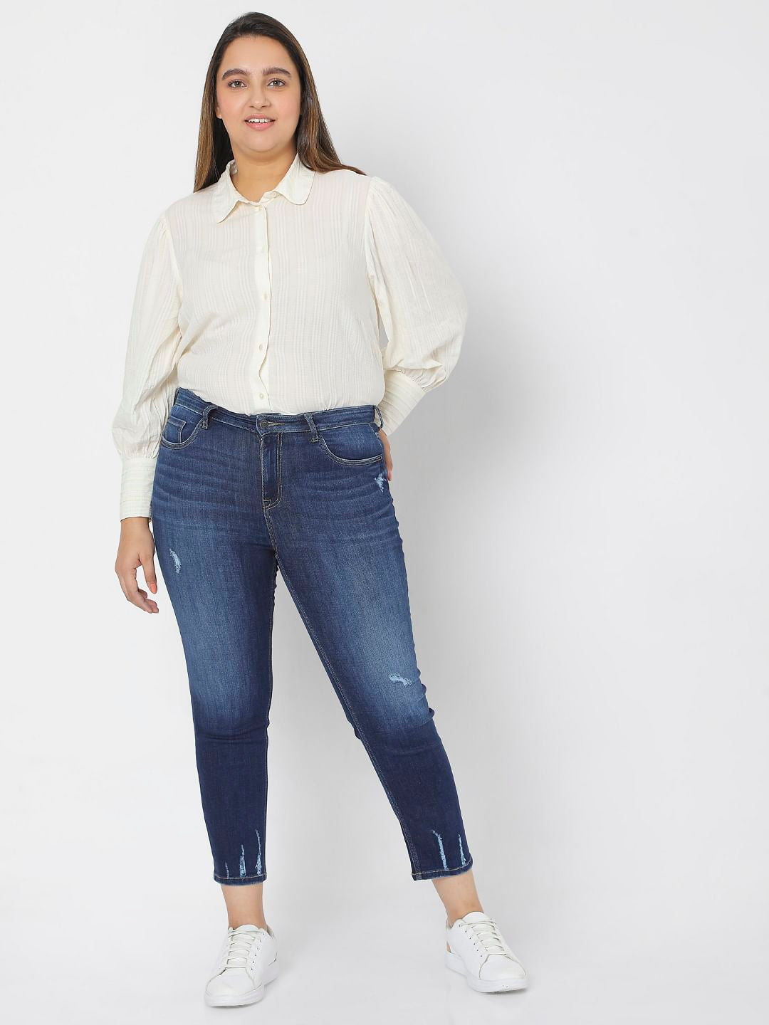 Blue Dark Blue High Rise Ripped Skinny Jeans