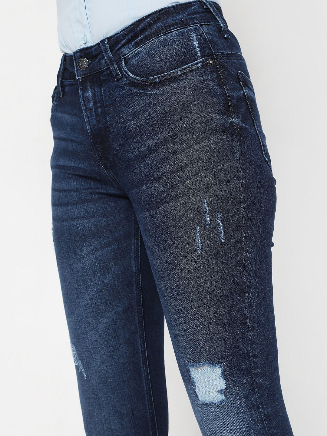 Blue Mid Rise Ripped Wendy Skinny Jeans