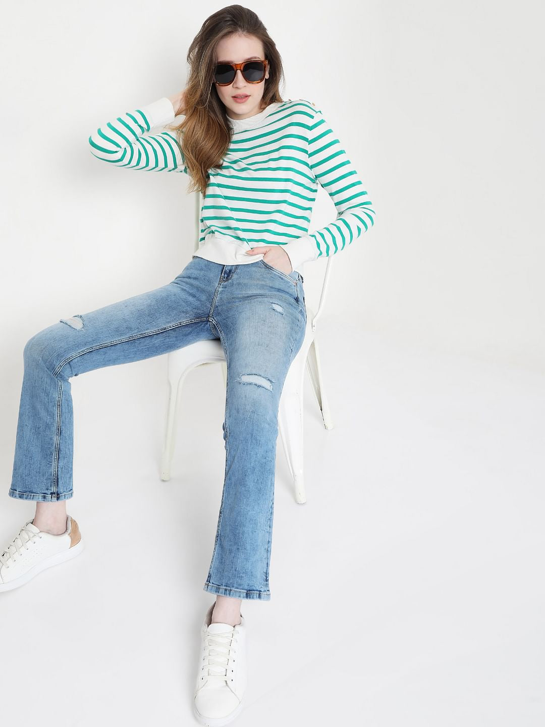 Blue Mid Rise Bootcut Ripped Jeans