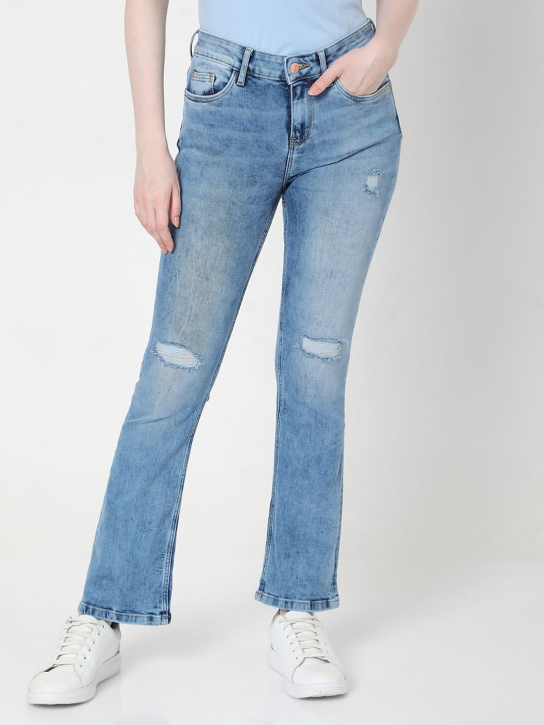 Blue Mid Rise Bootcut Ripped Jeans