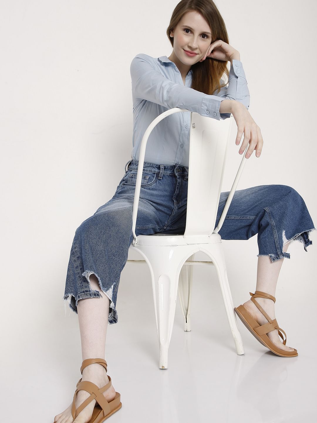 Blue Distressed Hem Zoey Wide-Leg Jeans