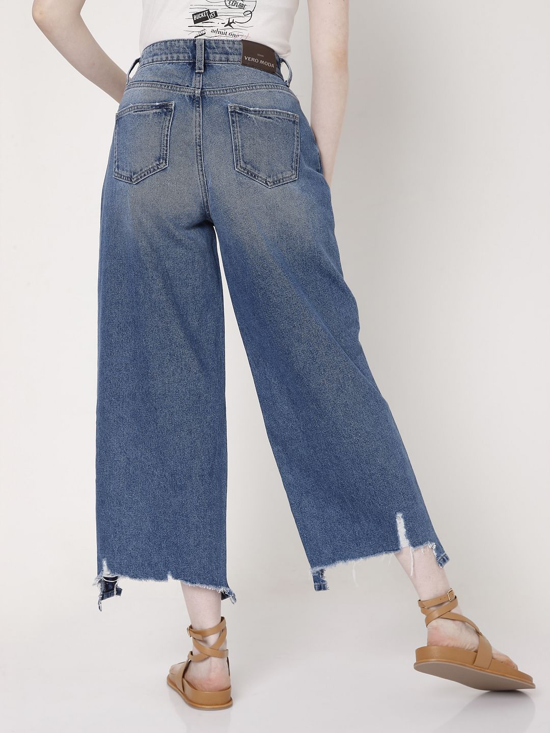 Blue Distressed Hem Zoey Wide-Leg Jeans