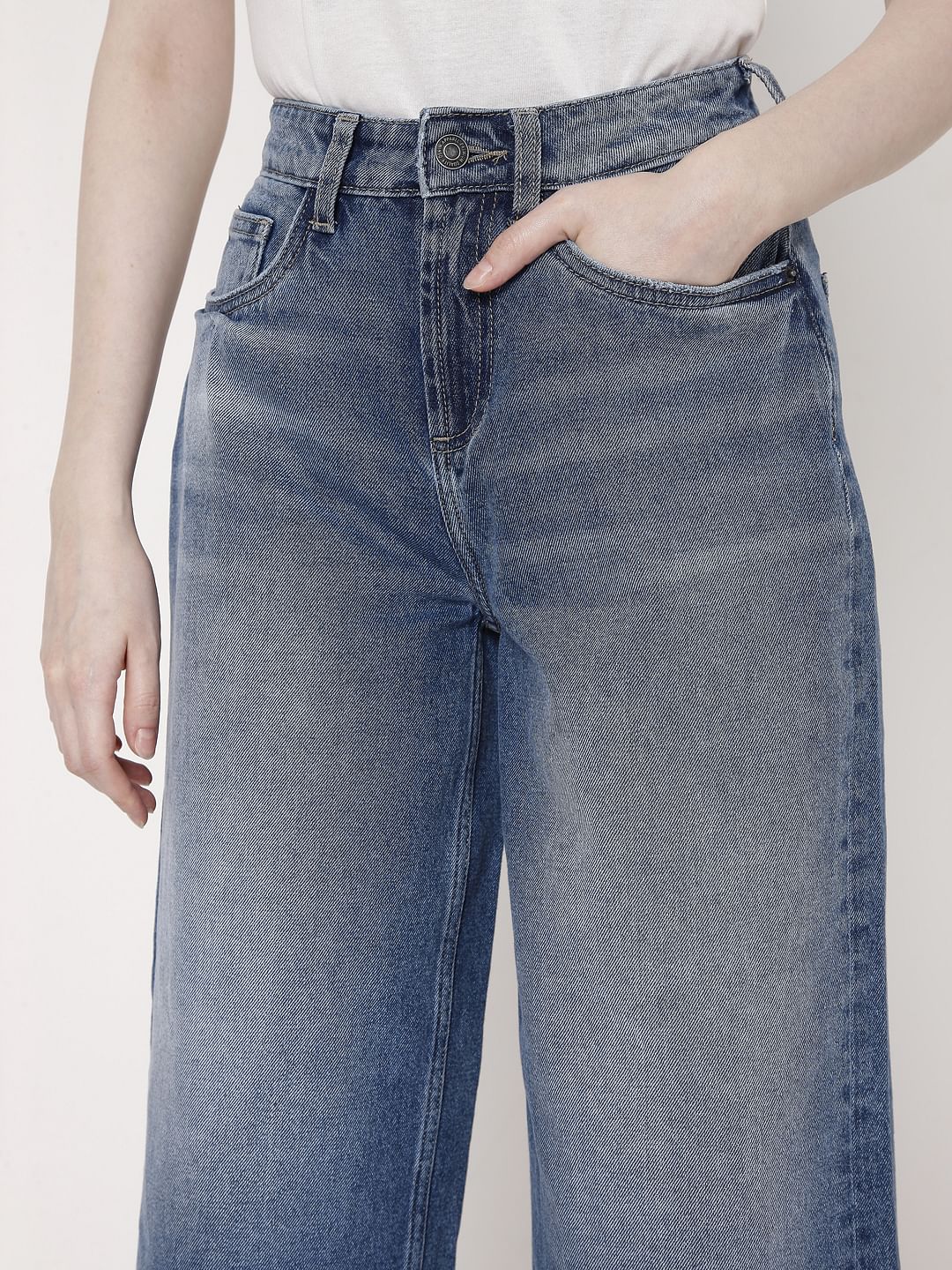 Blue Distressed Hem Zoey Wide-Leg Jeans