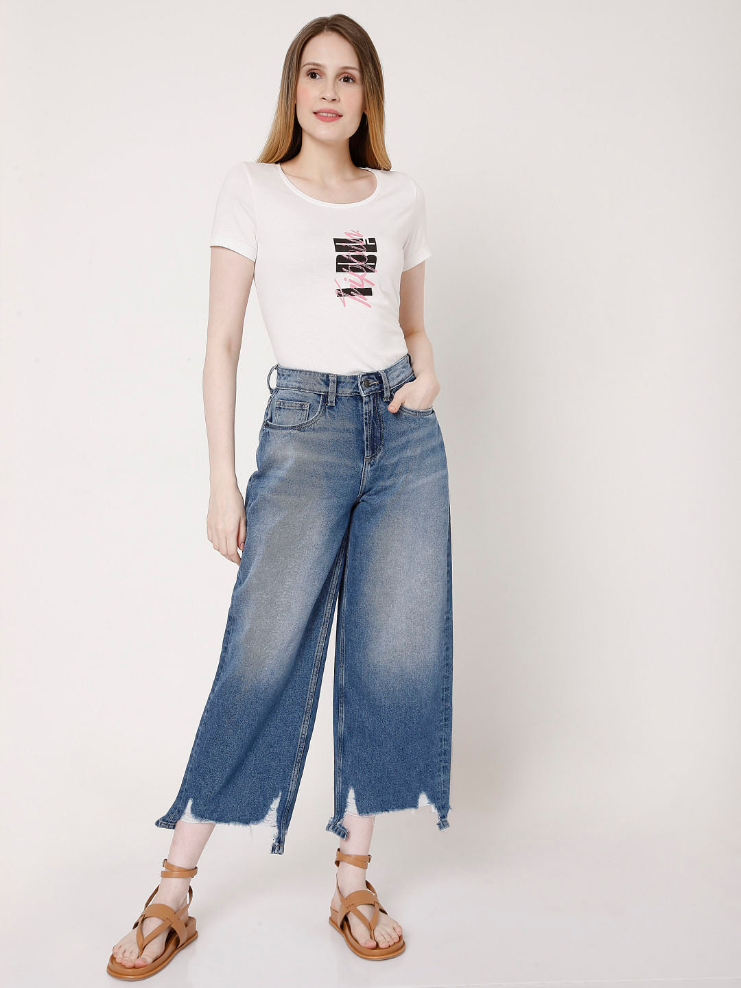 Blue Distressed Hem Zoey Wide-Leg Jeans