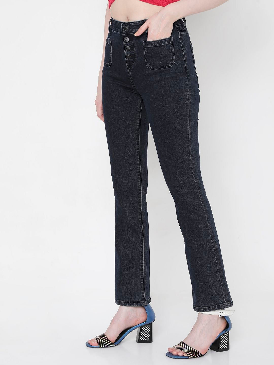 Dark Blue High Rise Bootcut Ripped Jeans