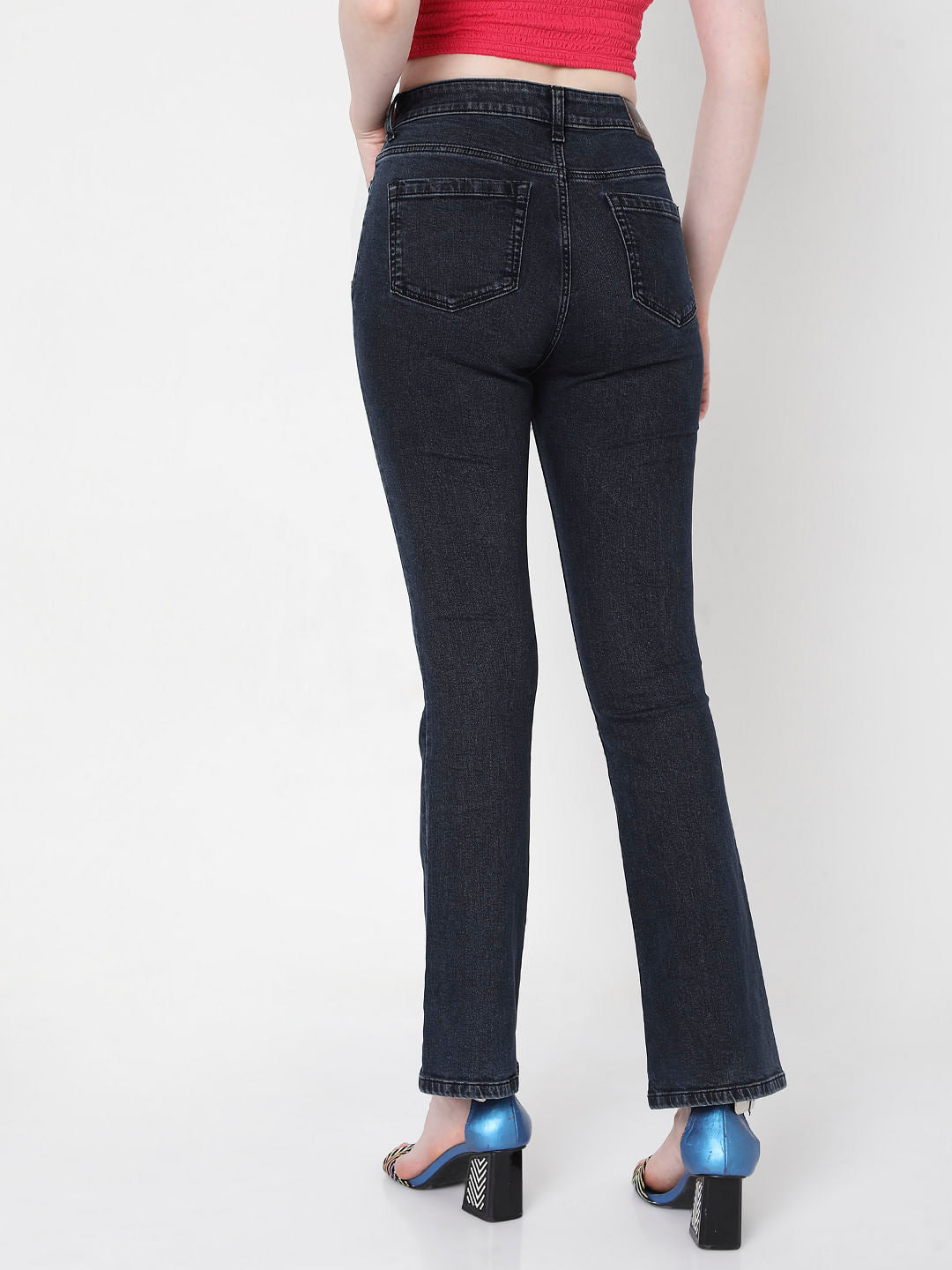 Dark Blue High Rise Bootcut Ripped Jeans