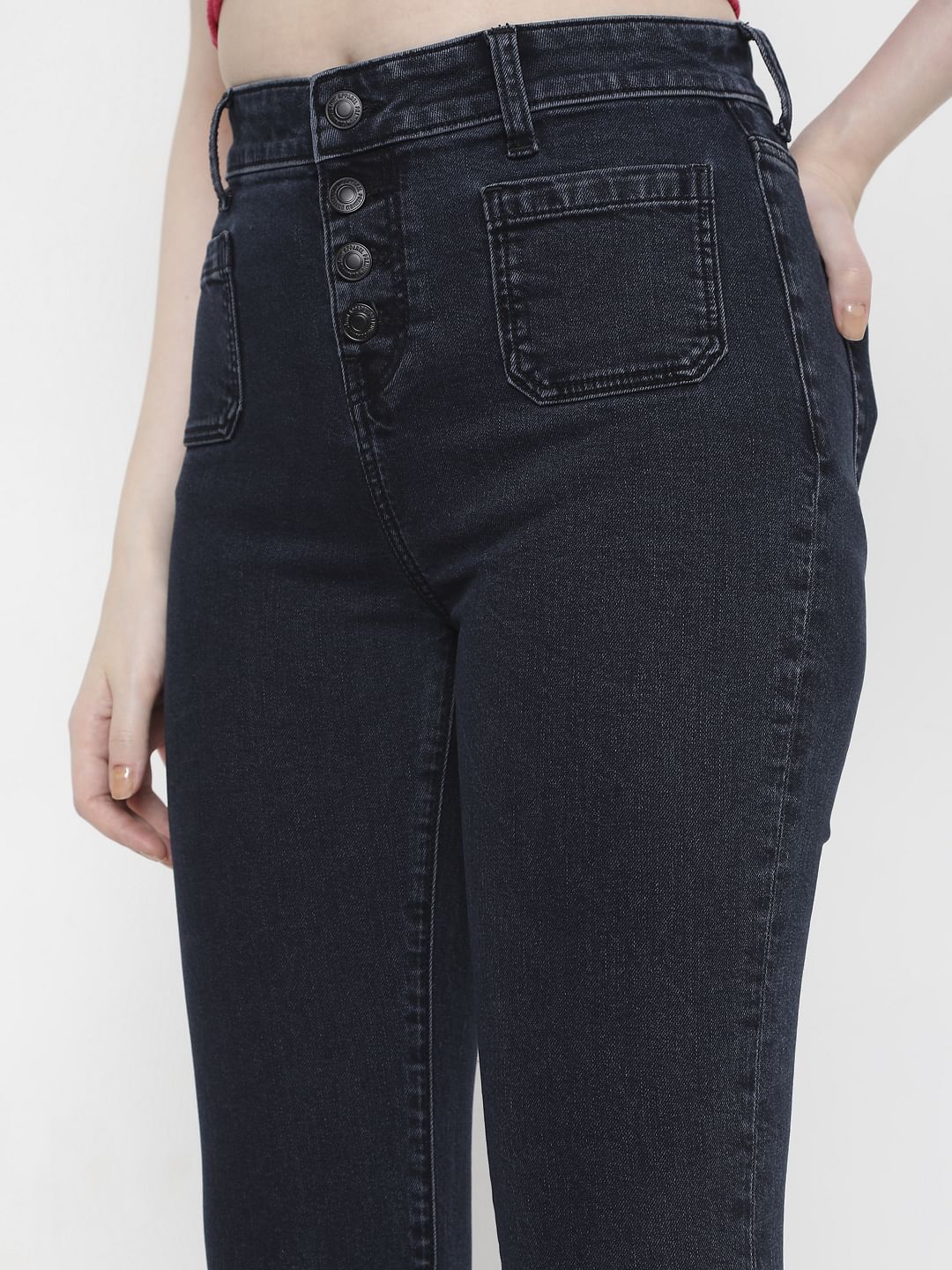 Dark Blue High Rise Bootcut Ripped Jeans
