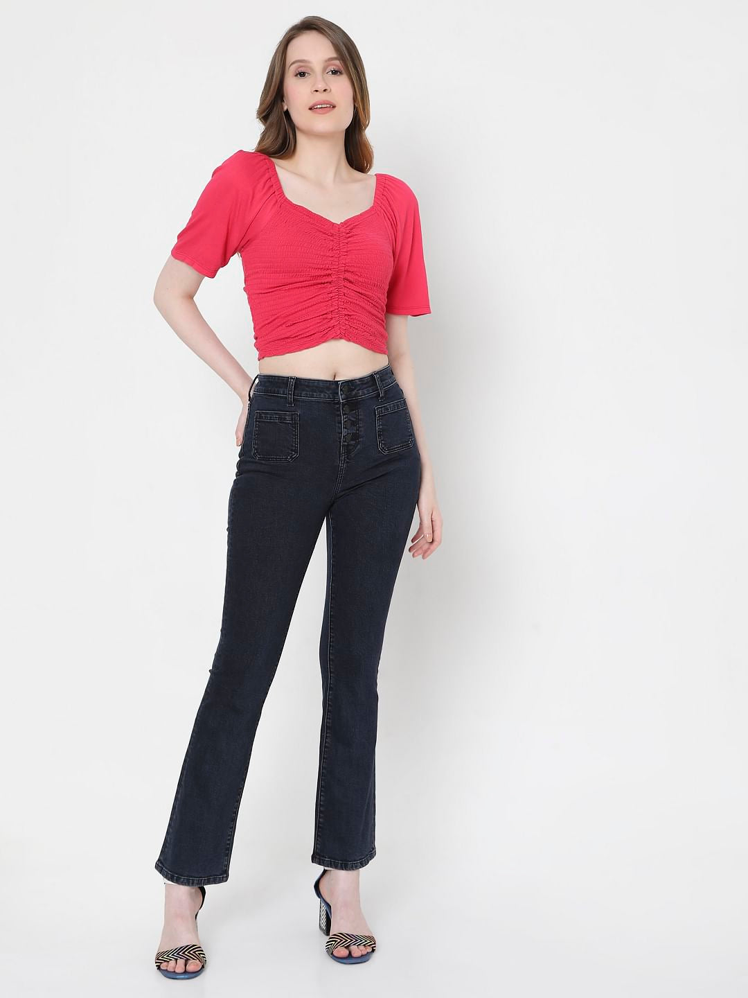 Dark Blue High Rise Bootcut Ripped Jeans