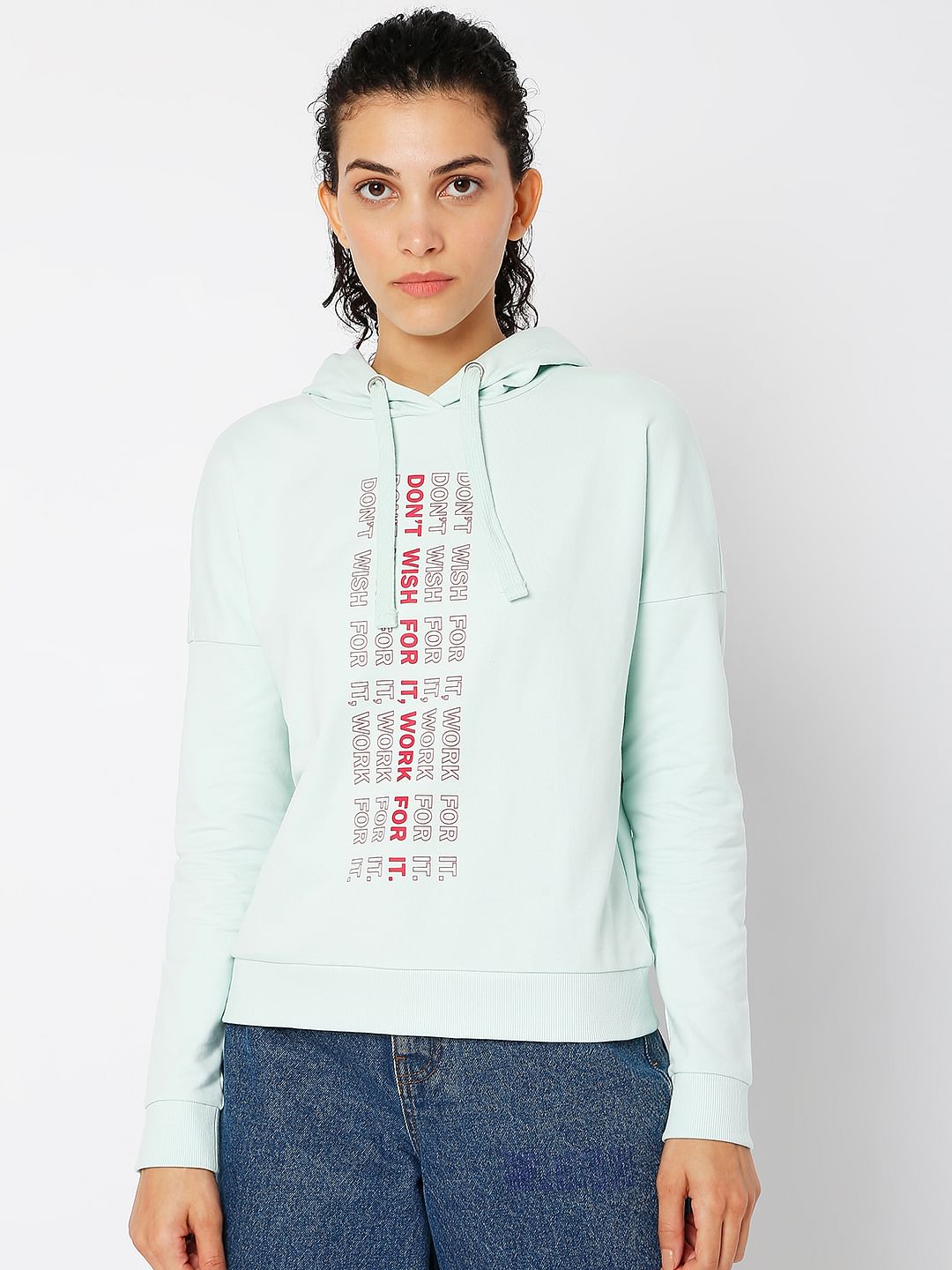 Blue Text Print Hooded Sweatshirt