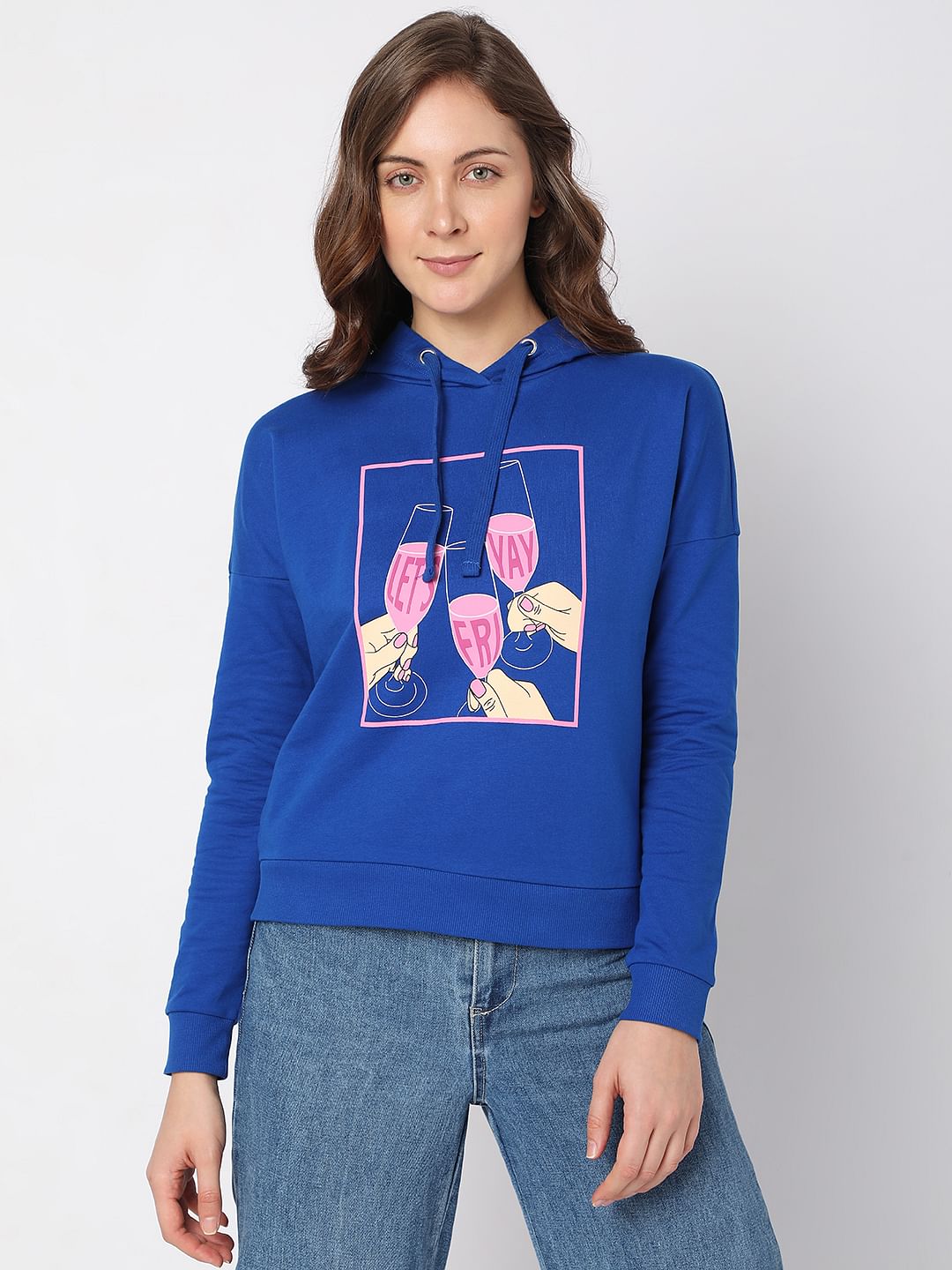 Blue Graphic Print Hooded Sweatshirt