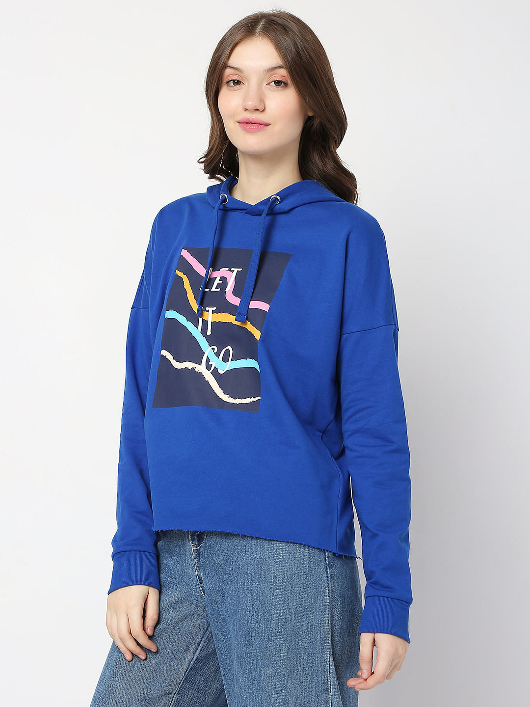 Blue Printed Hooded Sweatshirt
