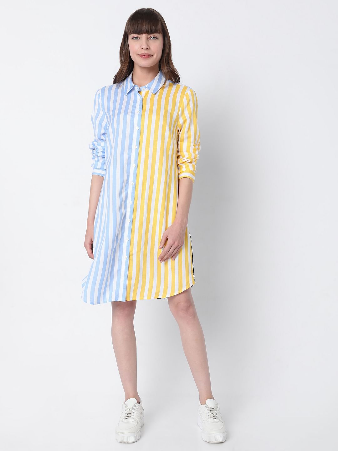 Blue & Yellow Striped Shirt Dress