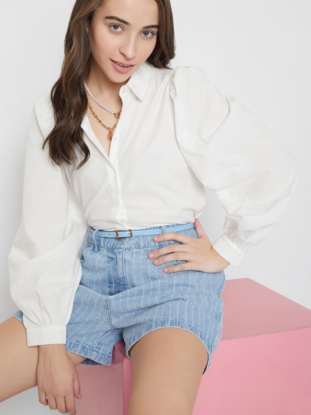 Blue High Waist Striped Denim Shorts