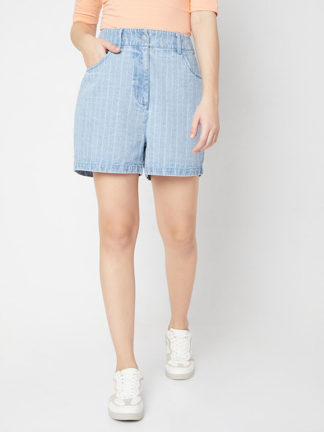 Blue High Waist Striped Denim Shorts
