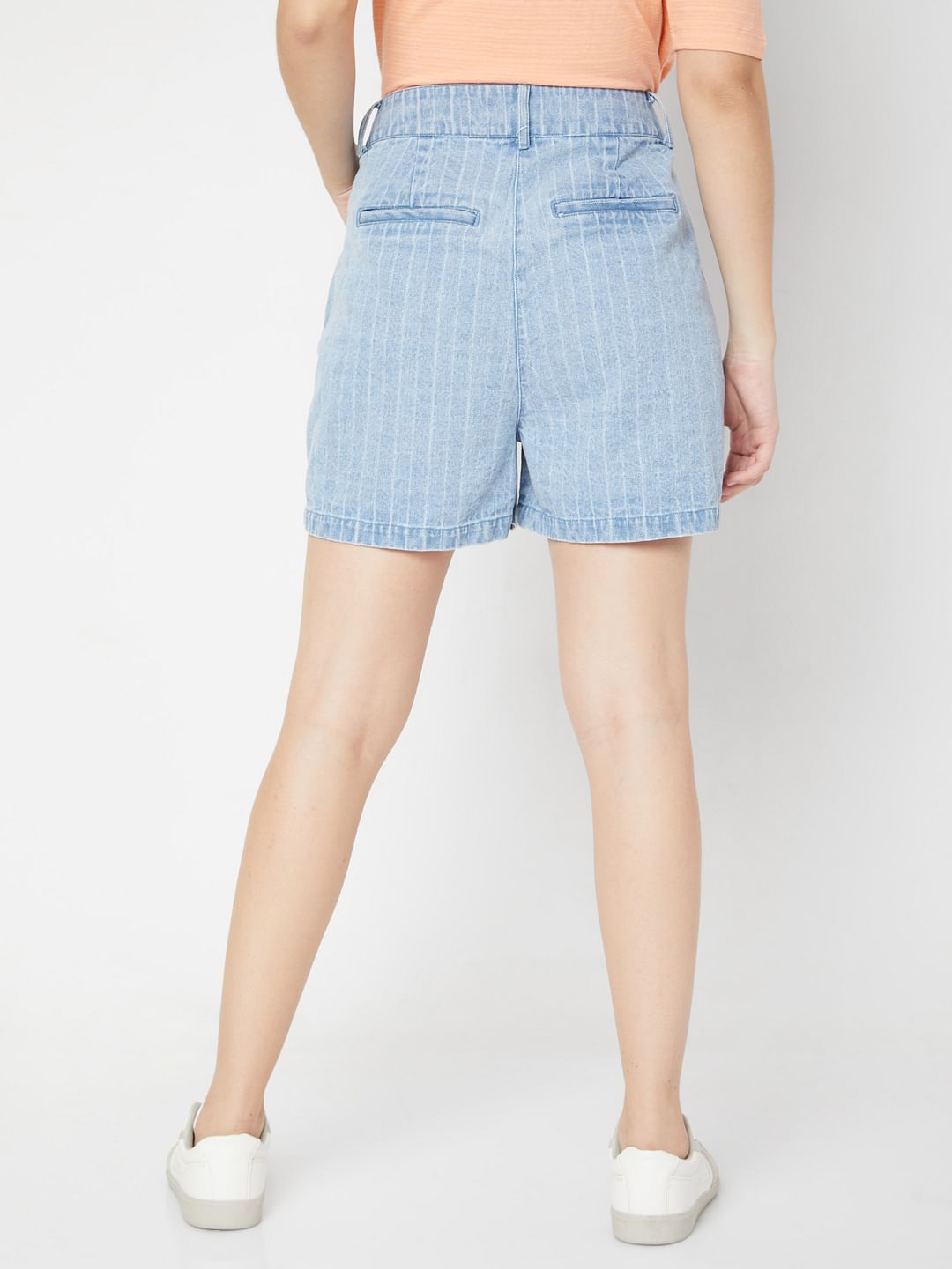 Blue High Waist Striped Denim Shorts